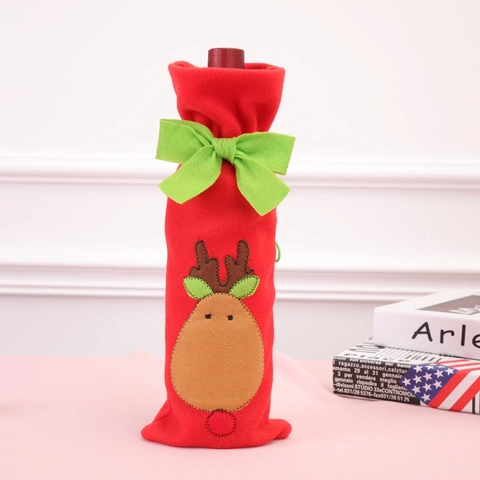Christmas Wine Bottle Cover Felt Reindeer Santa Tree Decor Wine Bag With Green Bowknot Holiday Party Gift Bag