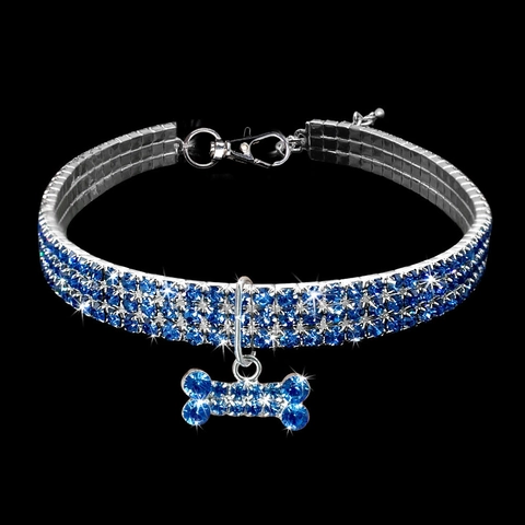 Elastic Rhinestone Pet Necklace Dog Cat Collar Shiny Alloy Bone Pendant Adjustable Jewelry For Small Dogs Cats Pink Blue