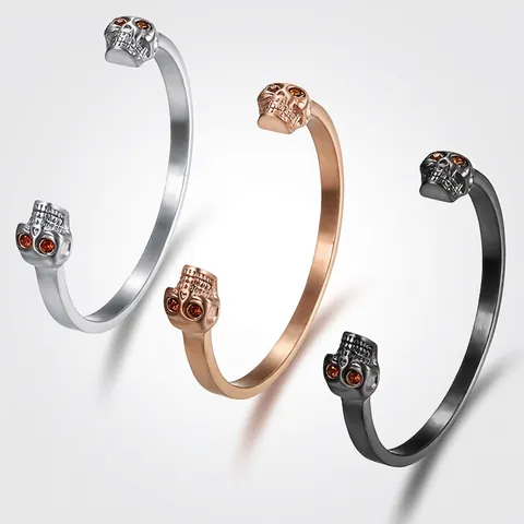 Bracciale Rigido Aperto Doppia Testa Di Morto Acciaio Inossidabile 316 Gioielli Punk Biker Uomo Con Occhi Strass