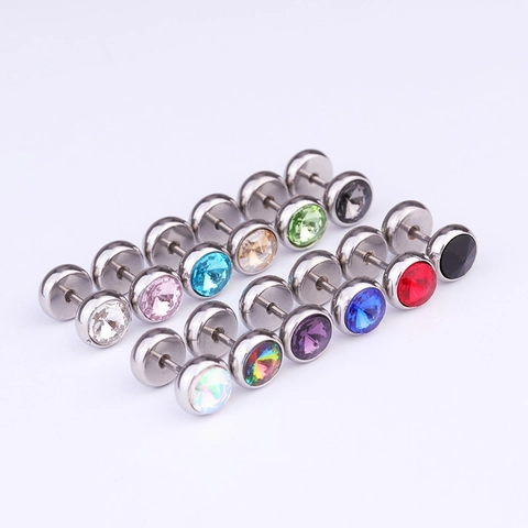 Stainless Steel Crystal Stud Earrings Round Dumbbell Threaded Screw Back Ear Cartilage Piercing Jewelry For Women Men