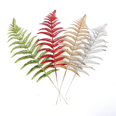 Artificial Christmas Glitter Fern Leaves Tree Ornaments Sparkling Plastic Wire Decorative Floral Foliage For Wedding Home Party