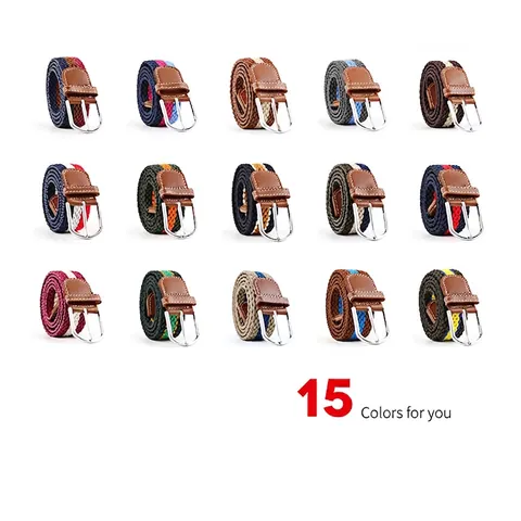 Unisex Casual Woven Elastic Belt Stripe Braided Faux Leather Alloy Pin Buckle Stretch Waist Belt For Jeans Trousers