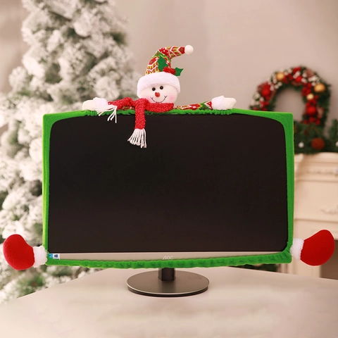 Christmas Monitor Decoration Cover Fabric Santa Snowman Reindeer Cartoon Computer Frame Protector Festive Office Home Decor