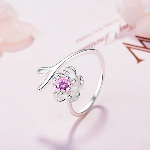 Cherry Blossom Sakura Flower Open Adjustable Ring Zircon Inlaid Branch Leaf Elegant Jewelry For Women