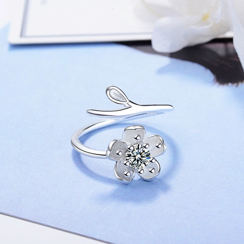 Cherry Blossom Sakura Flower Open Adjustable Ring Zircon Inlaid Branch Leaf Elegant Jewelry For Women