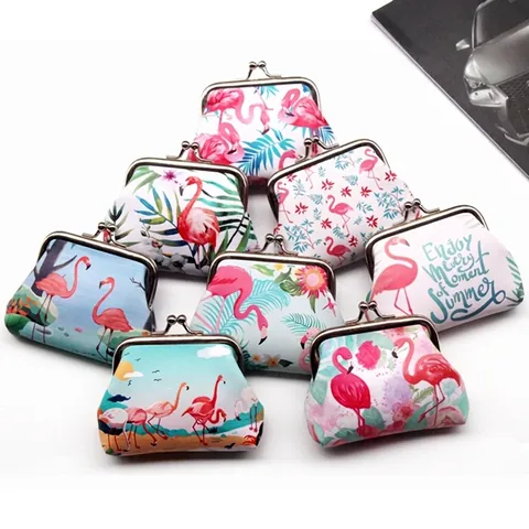 Flamingo Print Coin Purse Women Mini PU Leather Metal Clasp Small Pouch Tropical Pattern Vintage Style Wallet