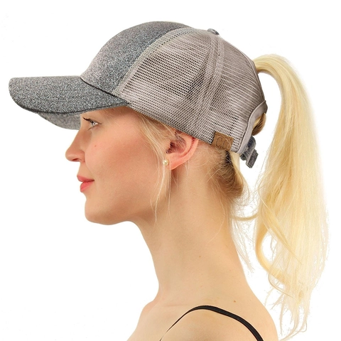 Cappellino Da Baseball Con Coda Di Cavallo Glitter Mesh Trucker Hat Regolabile Traspirante Moda Donna