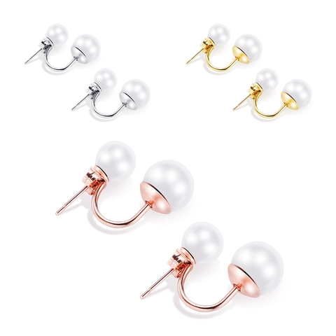 Orecchini a Bottone in Acciaio Inossidabile 304 a Doppia Perla per Donna Eleganti Gioielli Geometrici con Perle Artificiali