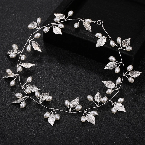 Vigne À Cheveux Mariée Serre-Tête Fait Main Alliage Feuille Künstliche Perle D'Imitation Style Forêt Mariage Fête Accessoire Élégant Flexible