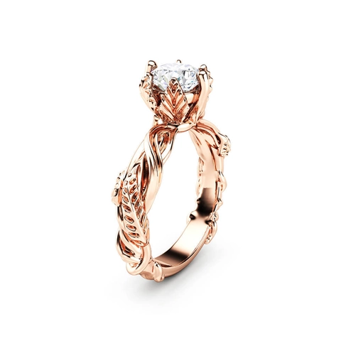 Roségoud Vergulde Koperen Ring Zirkonia Wijnstok Blad Natuur Geïnspireerd Elegante Sieraden Vrouwen