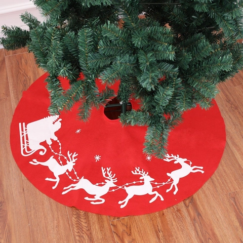 Christmas Tree Skirt Red White Reindeer Sleigh Print Non-Woven Fabric Holiday Floor Base Ornament Xmas Decoration