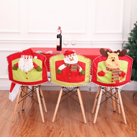 Funda Para Respaldo De Silla De Navidad Tela No Tejida Y Felpa 3D Dibujos Animados Papá Noel Muñeco De Nieve Reno Decoración