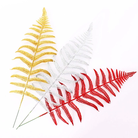 Artificial Christmas Glitter Fern Leaves Tree Ornaments Sparkling Plastic Wire Decorative Floral Foliage For Wedding Home Party