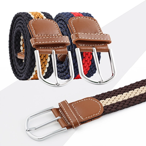 Unisex Casual Woven Elastic Belt Stripe Braided Faux Leather Alloy Pin Buckle Stretch Waist Belt For Jeans Trousers