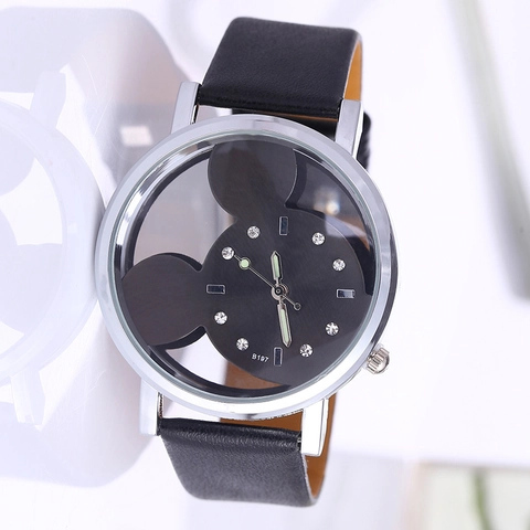 Women Quartz Watch Alloy Case Faux Leather Strap Skeleton Cartoon Dial Rhinestone Markers Fashion Wristwatch Kids Students
