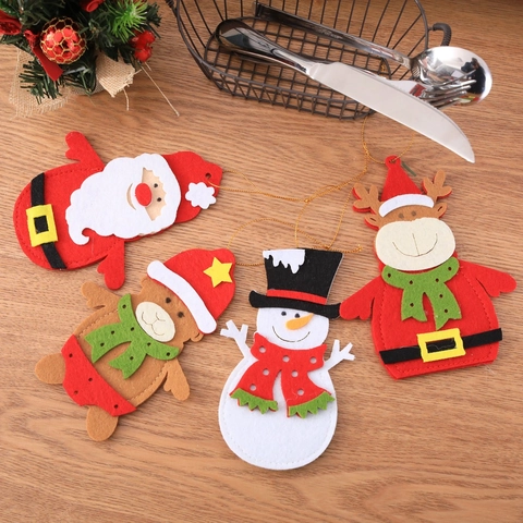 Christmas Cutlery Bag Non-woven Fabric Santa Snowman Reindeer Bear Shape Table Decoration Festive Party Dinnerware Holder