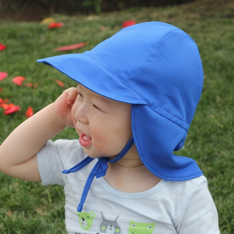 Kids Sun Protection Hat Breathable Mesh Large Brim Neck Flap Adjustable Chin Strap Summer Outdoor Beach For Baby Toddlers