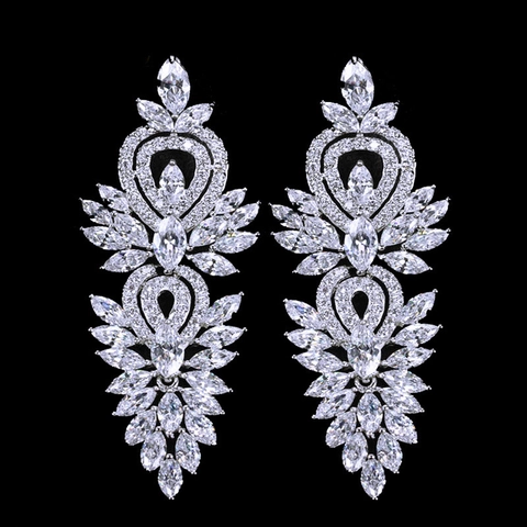 Boucles d'Oreilles Longues en Cuivre Zirconia AAA Clair Luxe Vintage pour Femmes Élégante Feuille Mariage Bijoux de Fête
