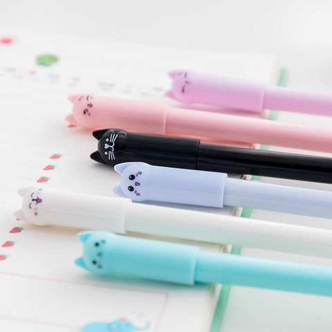 Cute Cartoon Cat Gel Pens Black Ink Needle Tip Plastic School Office Stationery Student Writing Supplies Macaron Colors