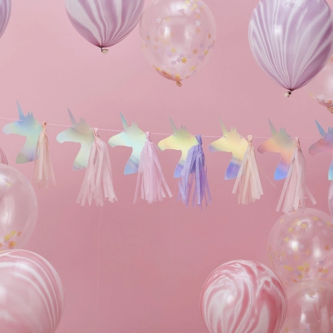 Holografisches Einhorn Banner Mit Papierquasten Geburtstagsparty Dekoration Girlande Regenbogen Traumhaftes Thema Für Mädchen