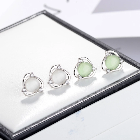 Copper Flower Stud Earrings With Artificial Cat Eye Stone And Rhinestone Fashion Jewelry For Women Elegant Earring Jewelry