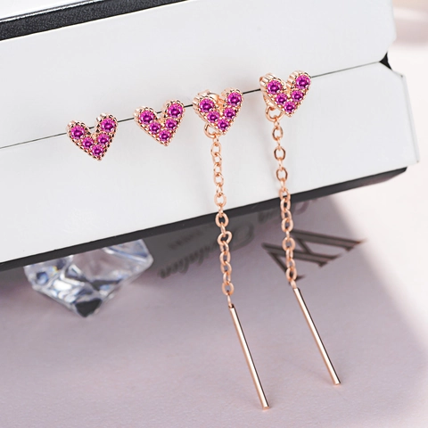 Rose Gold Copper Heart Shaped Zirconia Earrings For Women Simple Rose Red Stud Threader Drop Earrings Fashion Jewelry Accessories