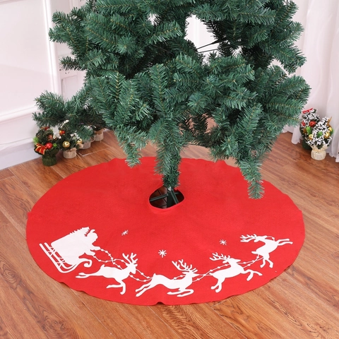 Christmas Tree Skirt Red White Reindeer Sleigh Print Non-Woven Fabric Holiday Floor Base Ornament Xmas Decoration