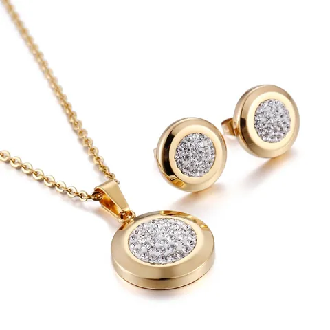 Round Circle Rhinestone Necklace And Earrings Stainless Steel Jewelry Fashion Geometric Accessories For Women