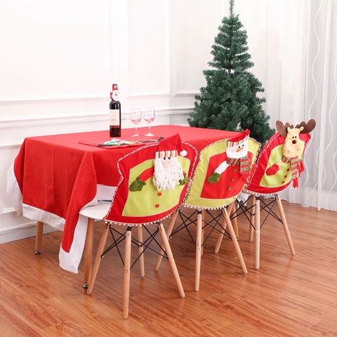 Funda Para Respaldo De Silla De Navidad Tela No Tejida Y Felpa 3D Dibujos Animados Papá Noel Muñeco De Nieve Reno Decoración