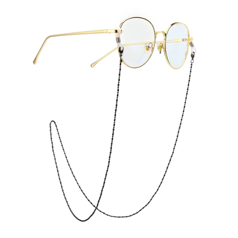 Black Metal Beaded Glasses Chain Anti-Slip Eyewear Strap With Silicone Loops For Sunglasses Reading Glasses