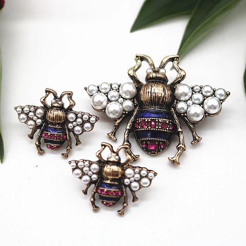 Broche Y Pendientes De Abeja Vintage Para Mujer Con Perlas Artificiales Esmalte Aleación 925 Sterling Silver Earring Post
