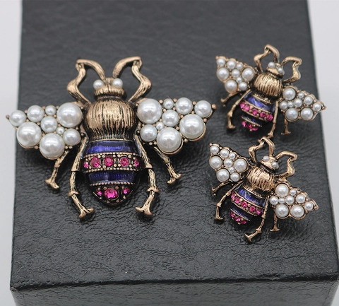 Broche Y Pendientes De Abeja Vintage Para Mujer Con Perlas Artificiales Esmalte Aleación 925 Sterling Silver Earring Post