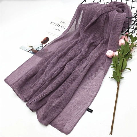 Women Solid Color Pleated Long Scarf Breathable Viscose Cotton Feel Shawl Lightweight Crinkle Wrap Hijab Elegant