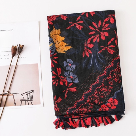 Women Large Square Scarf Shawl Floral Print Polyester Voile Cotton Linen Feel Tassels Retro Bohemian Style Versatile Beach Wrap