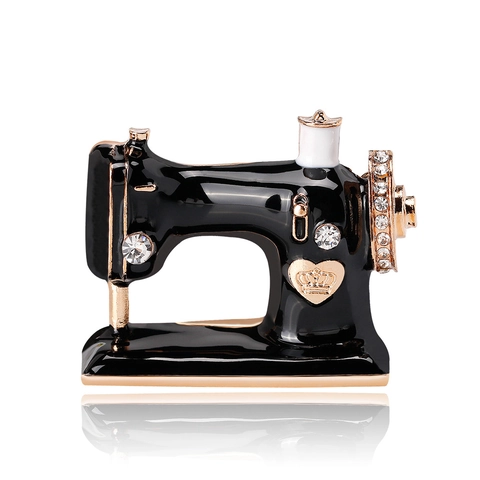 Retro Sewing Machine Brooch Alloy Enamel Rhinestone Inlaid Heart Crown Fashion Creative Corsage Jewelry Women Accessory