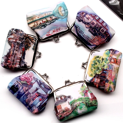 Vintage Landschaftsdruck PU-Leder Münzbörse Damen Retro Kiss-Lock Mini Brieftasche Mit Metallverschluss Für Münzen Kleingeld