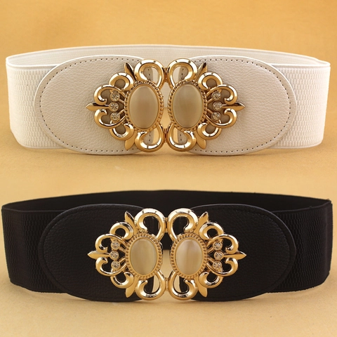 Women Wide Elastic Corset Belt PU Leather Golden Alloy Hollow Buckle Inlaid Cat Eye Stones Rhinestones Vintage Decor
