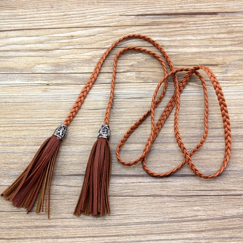 Women Braided PU Leather Waist Belt Thin Handwoven Tassel Rope For Dress Bohemian Ethnic Casual Skinny Knot Waistband