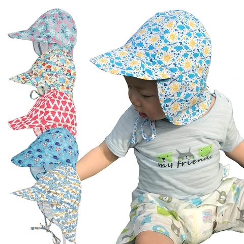 Kids Sun Hat Breathable Mesh Neck Flap Wide Brim UV Protection Cartoon Print Adjustable Chin Strap Toddler Baby
