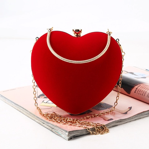 Borsa Da Sera A Cuore In Velluto Clutch Cornice In Metallo Dorato Chiusura Con Strass Catena Rimovibile Elegante Banchetto Festa