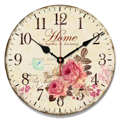 Retro Wandklok Houten Stil Rond Quartz Batterijgevoed Vintage Home Decor Floral Uil Stijl