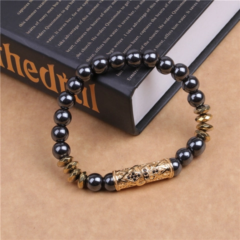 Magnetic Hematite Beaded Bracelet Copper Cross Charm Religious Retro Jewelry For Men Women