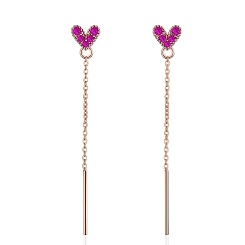 Rose Gold Copper Heart Shaped Zirconia Earrings For Women Simple Rose Red Stud Threader Drop Earrings Fashion Jewelry Accessories