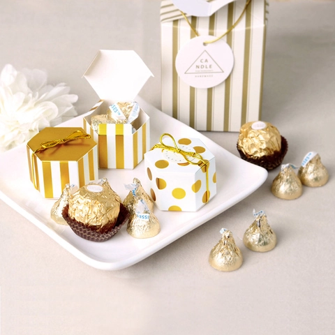 Hexagon Gift Box Mini Candy Favor Boxes Gold Foil Stripes Dots Folding Cardboard For Wedding Birthday Party Celebration