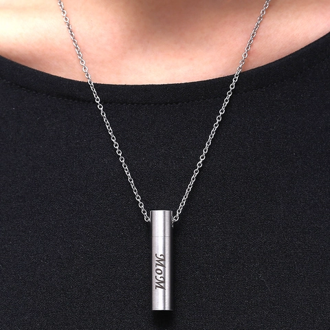 Cylindrical Cremation Urn Necklace Stainless Steel Memorial Pendant For Ashes Engraved Mom Dad Jewelry