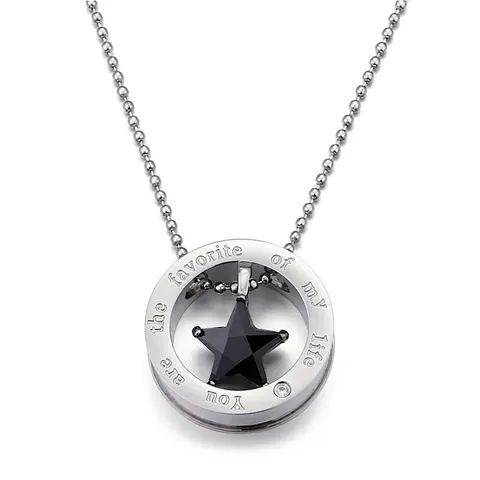 Stainless Steel Star Round Ring Pendant Necklace Engraved Rhinestone Bead Chain Jewelry For Couple Men Women