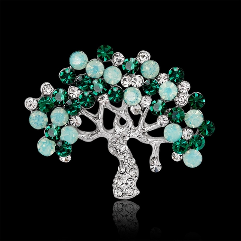 Elegant Alloy Tree Of Life Brooch Pin For Women Silver Plated Green Rhinestone Inlaid Fashion Suit Coat Corsage Jewelry Accessory