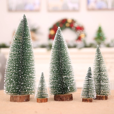 Mini Christmas Tree Tabletop Ornament Snowy Pine Needle With Wood Base DIY Holiday Party Decoration