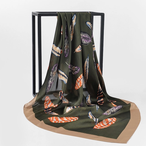 Elegante Grande Sciarpa Quadrata Da Donna Sensazione Raso Raso Collo Testa Avvolgere Stampa Floreale Piuma Accessorio Moda