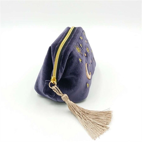 Japanese Style Velvet Embroidered Cosmetic Bag Large Capacity Star Moon Pattern Toiletry Organizer With Tassel For Women Travel Makeup Pouch